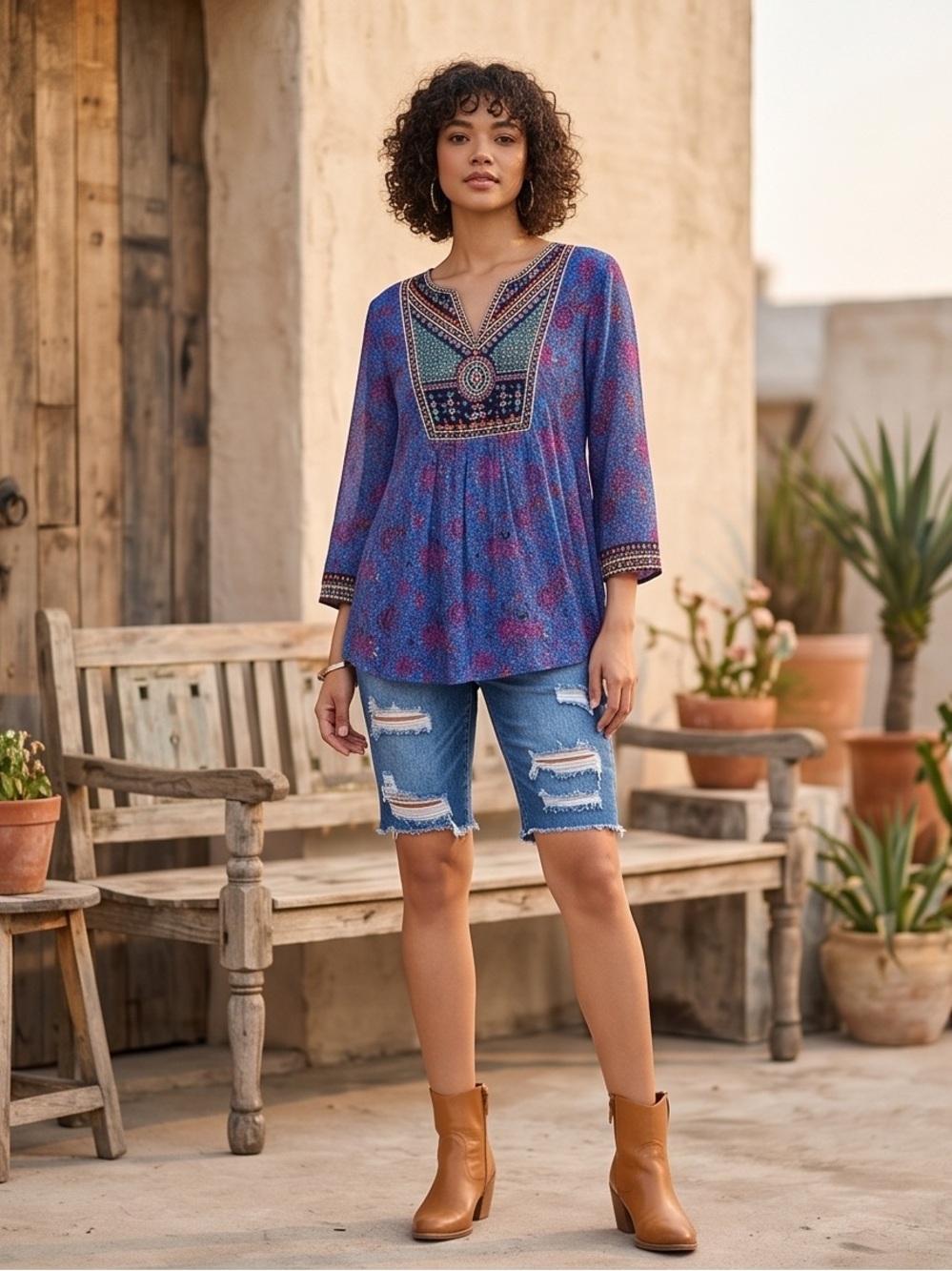 SOFT SURROUNDINGS Boho Tamuri Floral Embroidered Bead Sequin Tunic Top LARGE